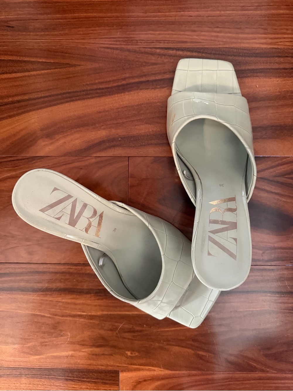 Zara Sage Croc-Embossed Square-Toe Slide Mules
